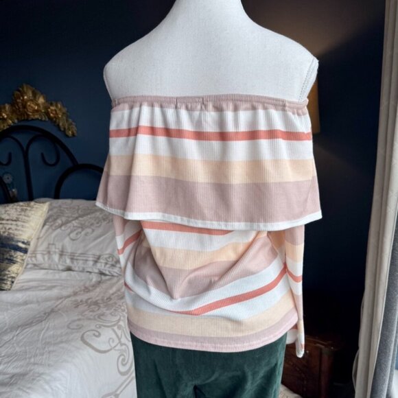BooHoo Peach Striped Off the Shoulder Long Sleeved Top - Picture 5 of 8